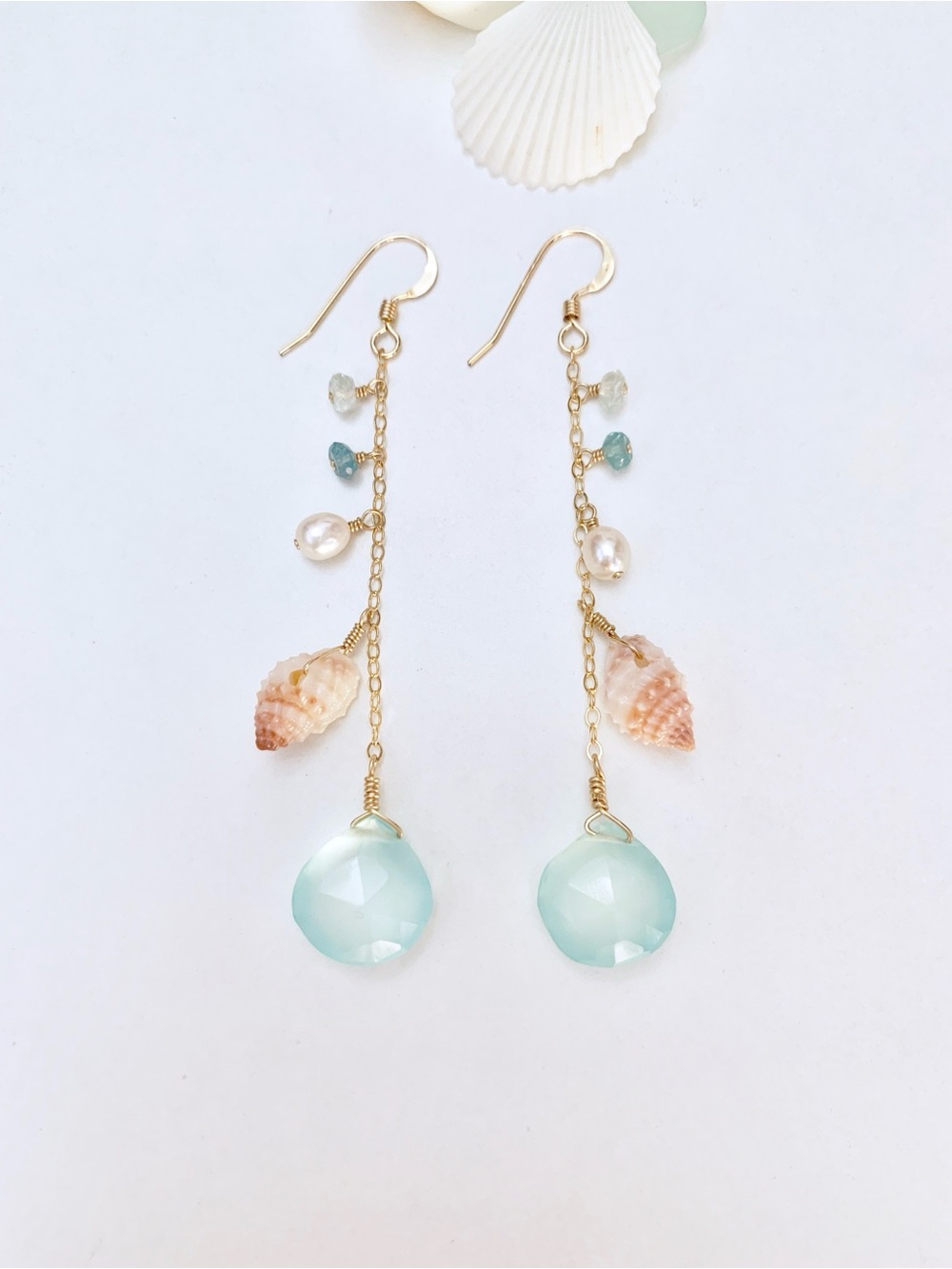 NEW/ Aqua Blue Chalcedony Ocean Treasure Earrings, 14K Gold Filled, Hawaii Made